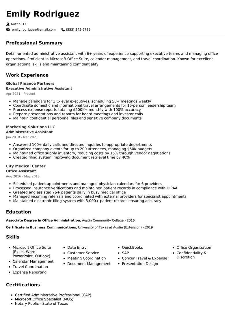 Administrative Assistant resume example - professional ATS-friendly template