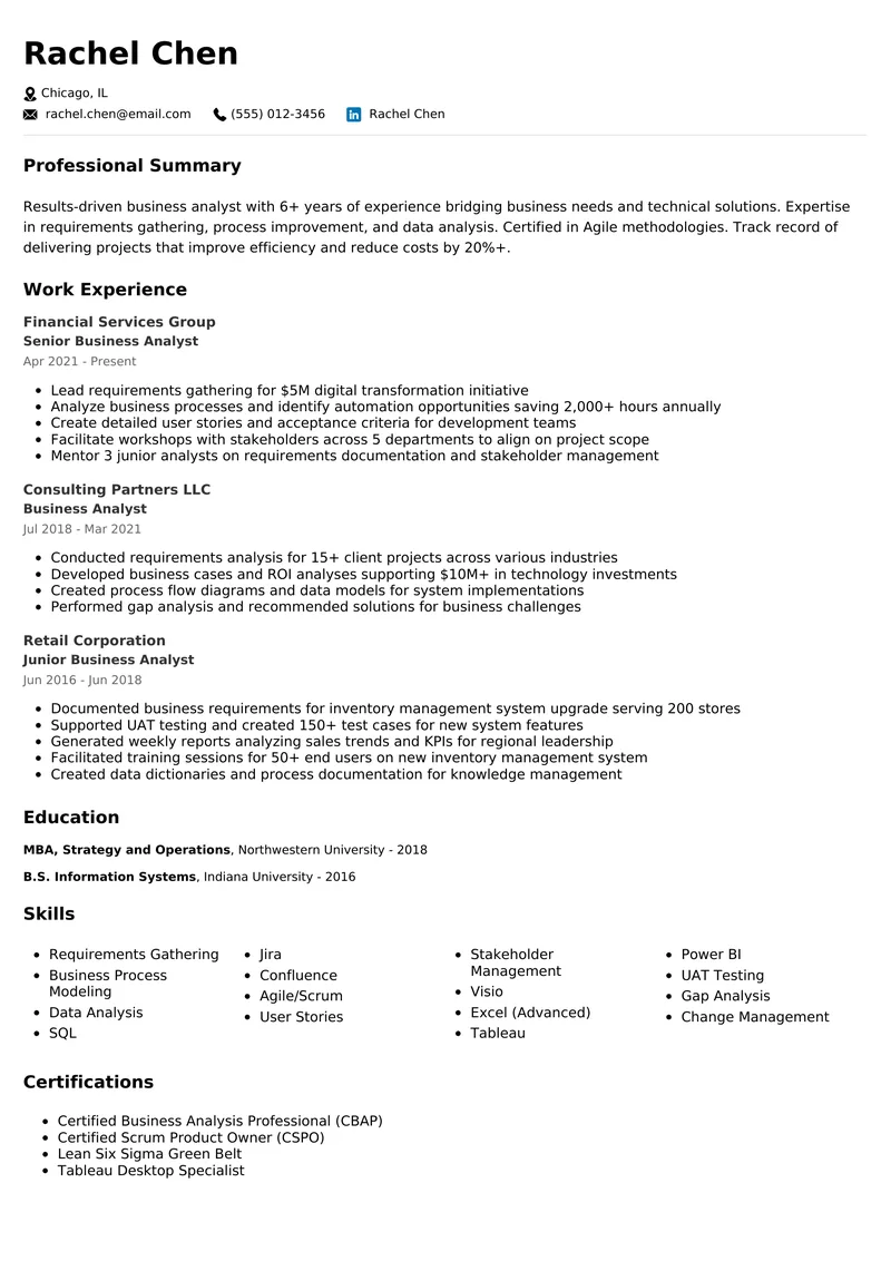 Business Analyst resume example - professional ATS-friendly template