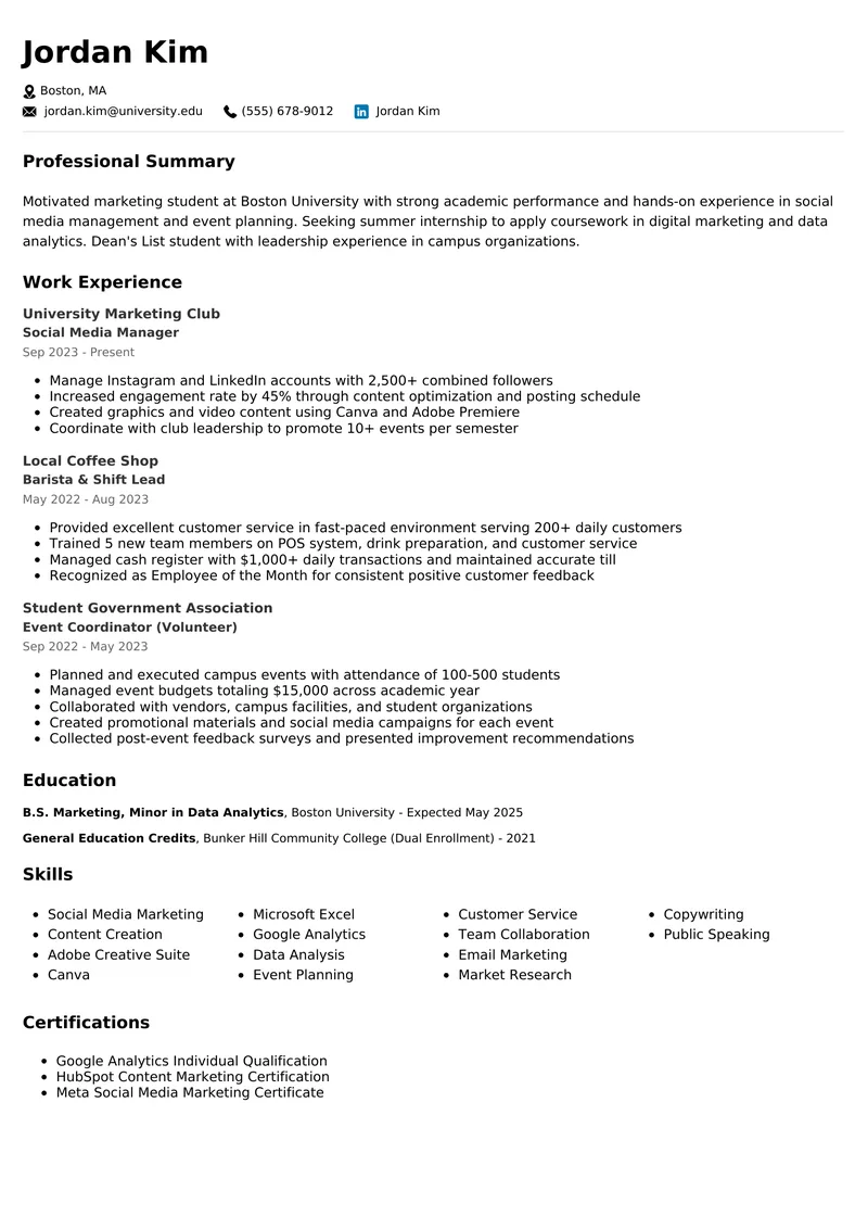 College Student resume example - professional ATS-friendly template
