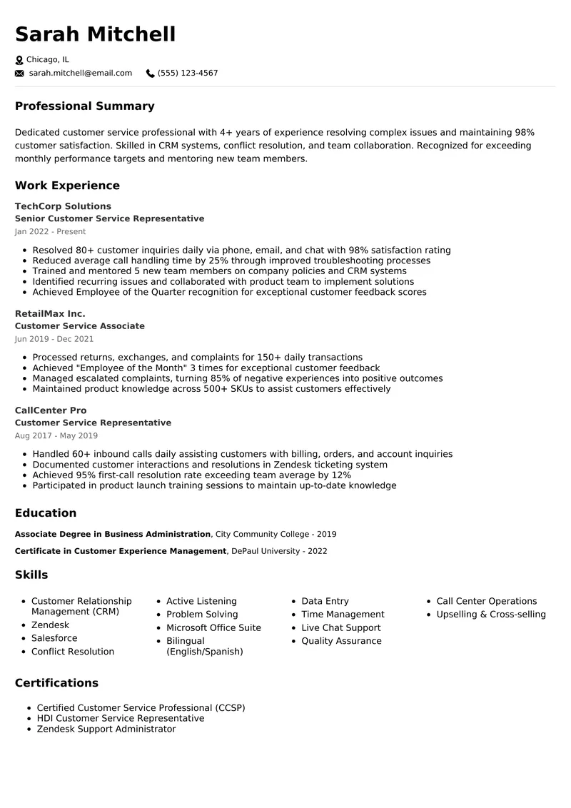 Customer Service Representative resume example - professional ATS-friendly template