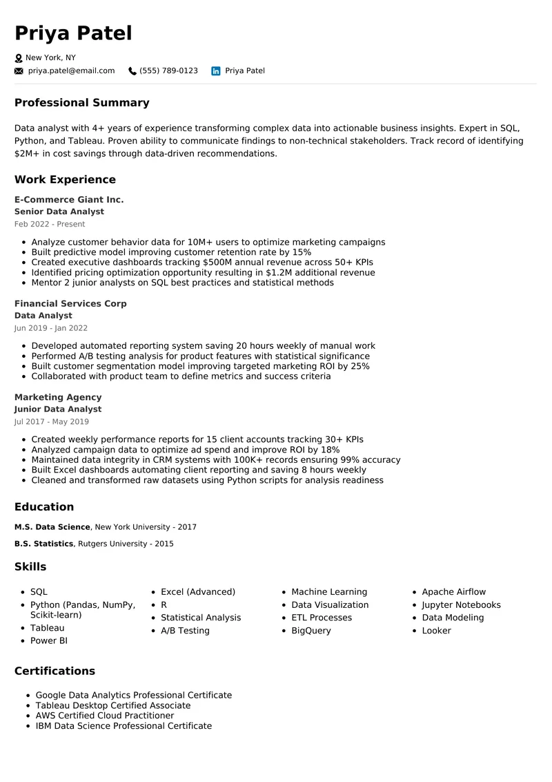 Data Analyst resume example - professional ATS-friendly template