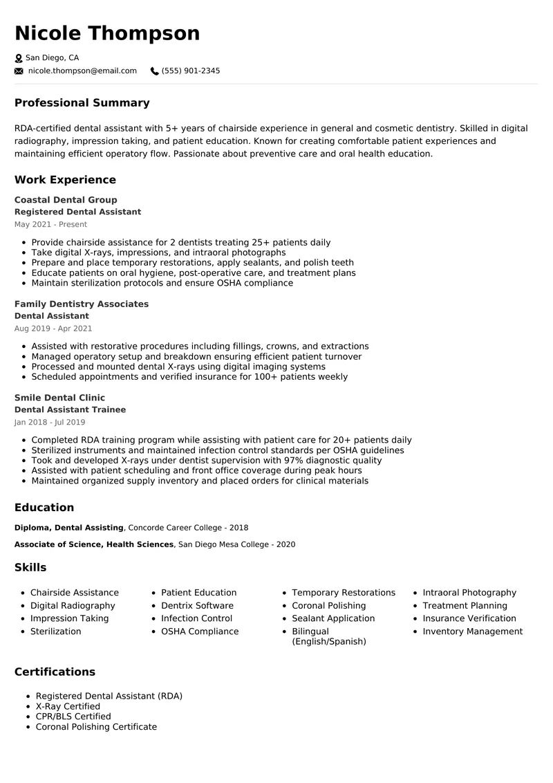 Dental Assistant resume example - professional ATS-friendly template