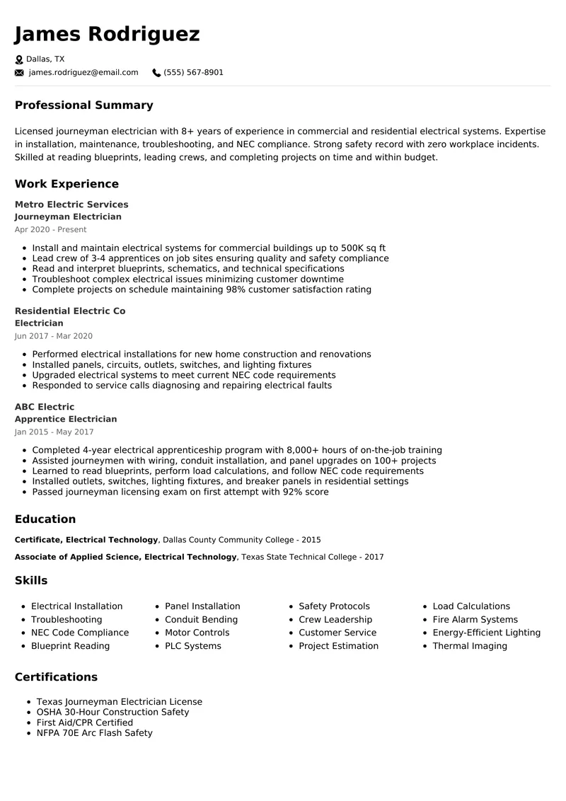 Electrician resume example - professional ATS-friendly template