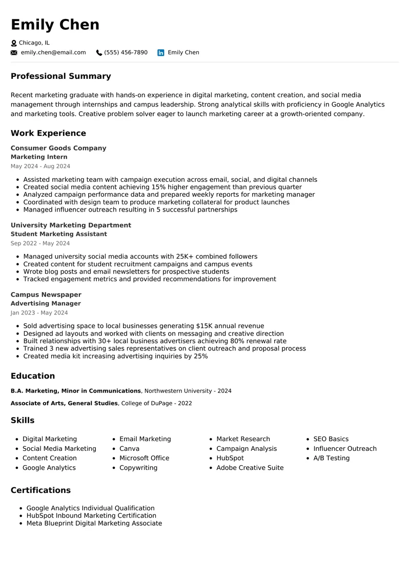 Entry Level Marketing resume example - professional ATS-friendly template