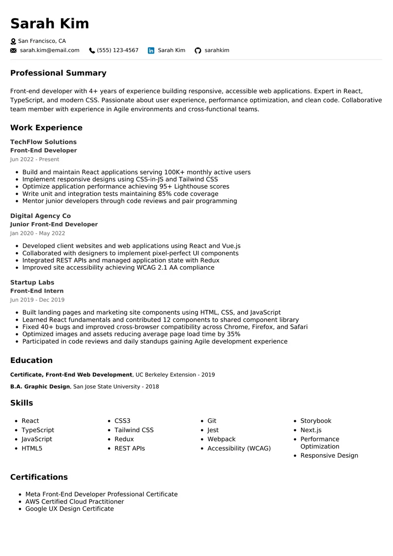 Front-End Developer resume example - professional ATS-friendly template