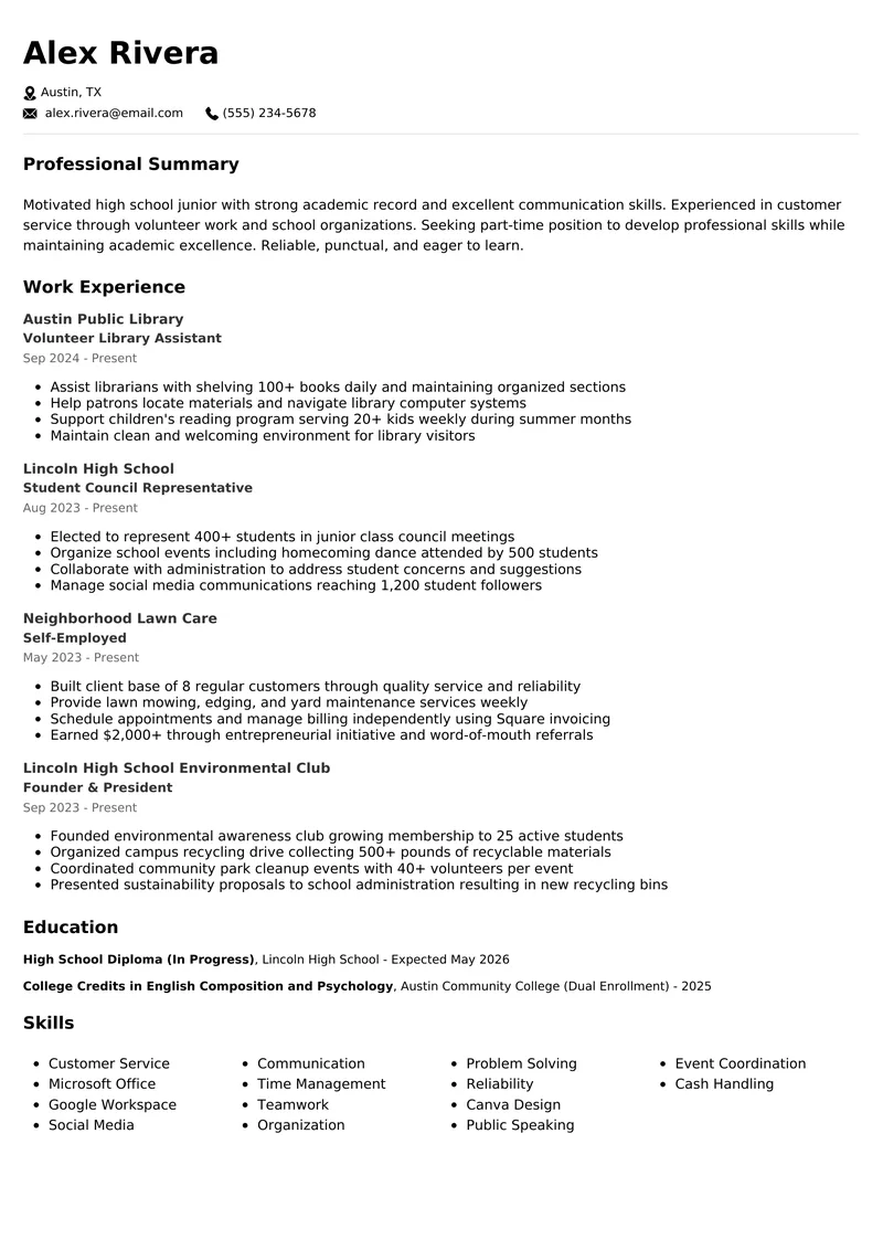 High School Student resume example - professional ATS-friendly template
