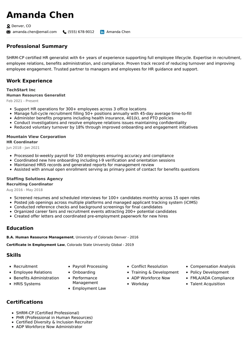 Human Resources Generalist resume example - professional ATS-friendly template