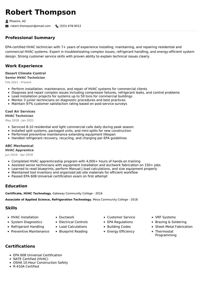 HVAC Technician resume example - professional ATS-friendly template