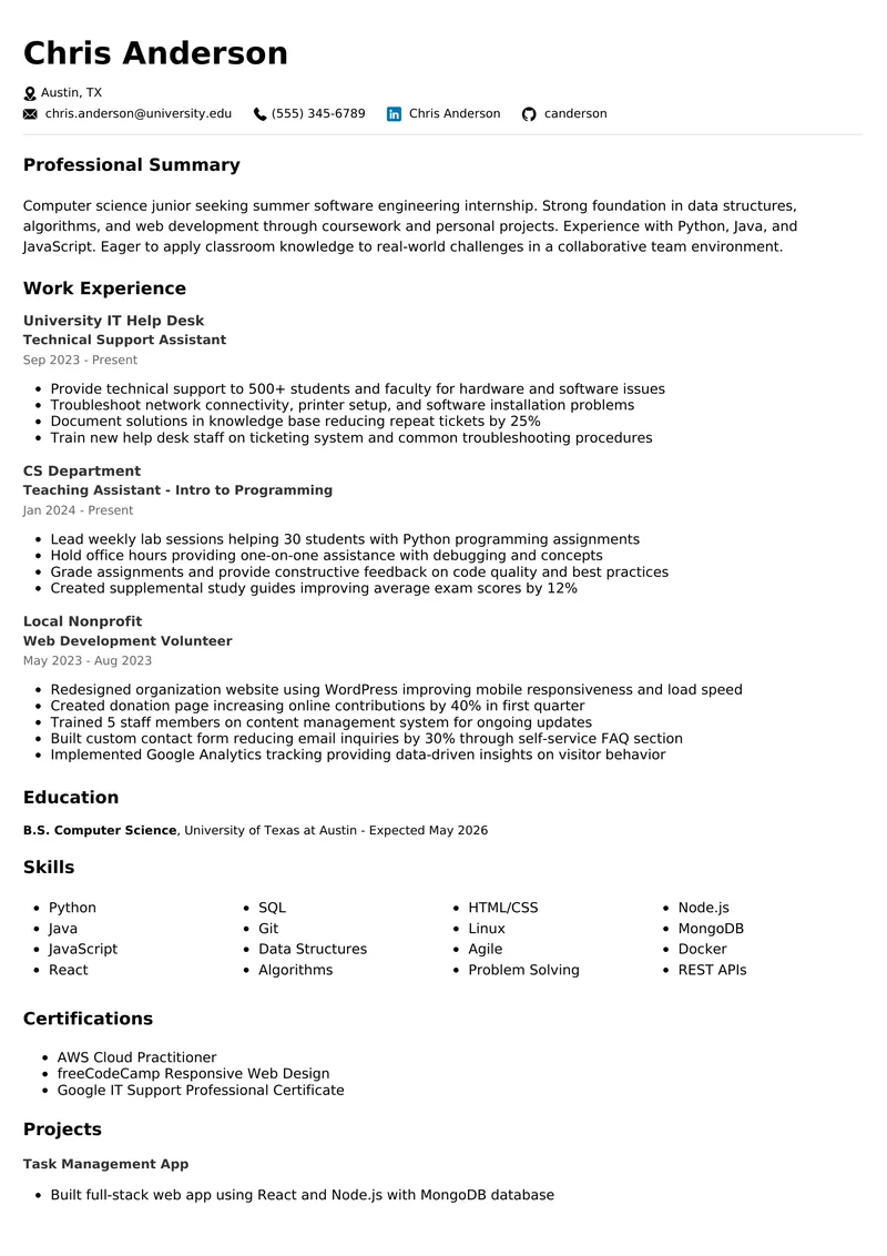 Internship Resume resume example - professional ATS-friendly template