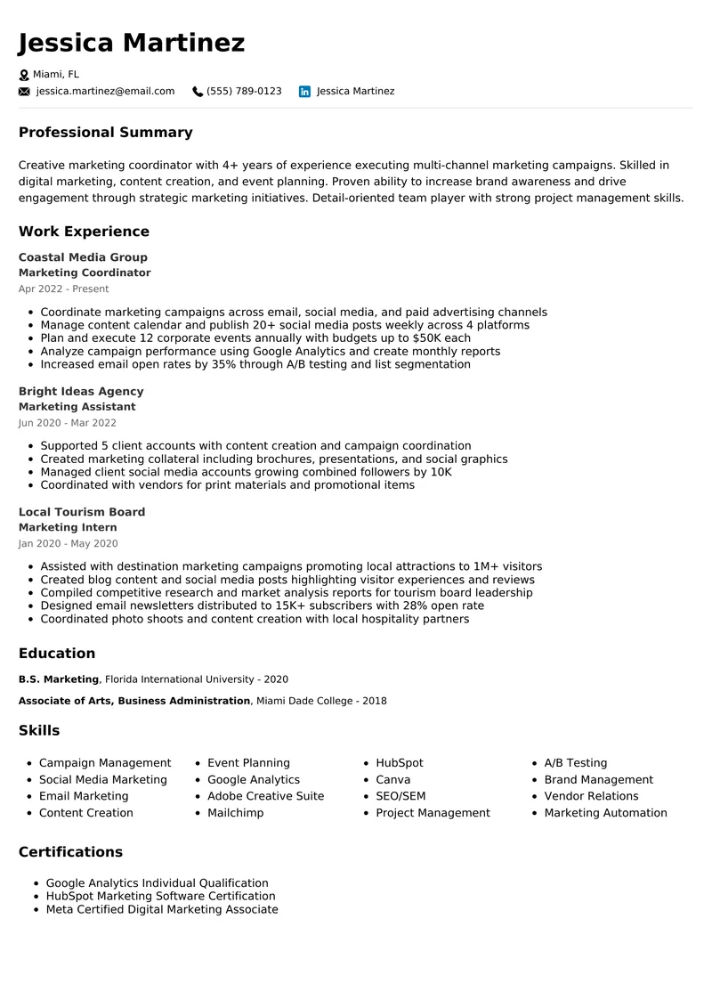 Marketing Coordinator resume example - professional ATS-friendly template