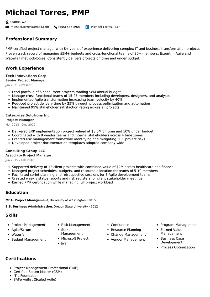 Project Manager resume example - professional ATS-friendly template