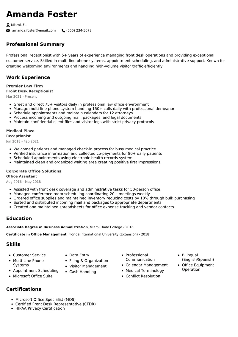 Receptionist resume example - professional ATS-friendly template