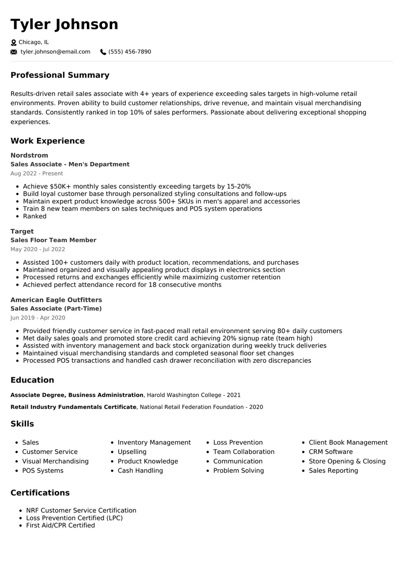 Retail Sales Associate resume example - professional ATS-friendly template