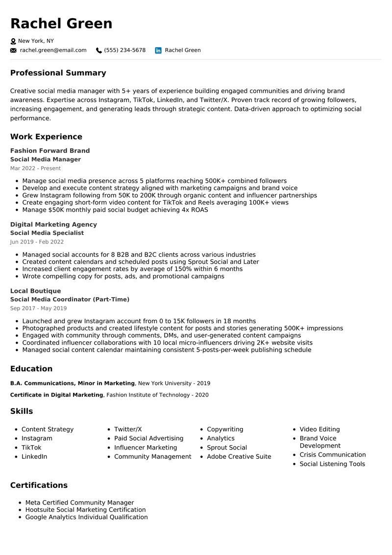 Social Media Manager resume example - professional ATS-friendly template