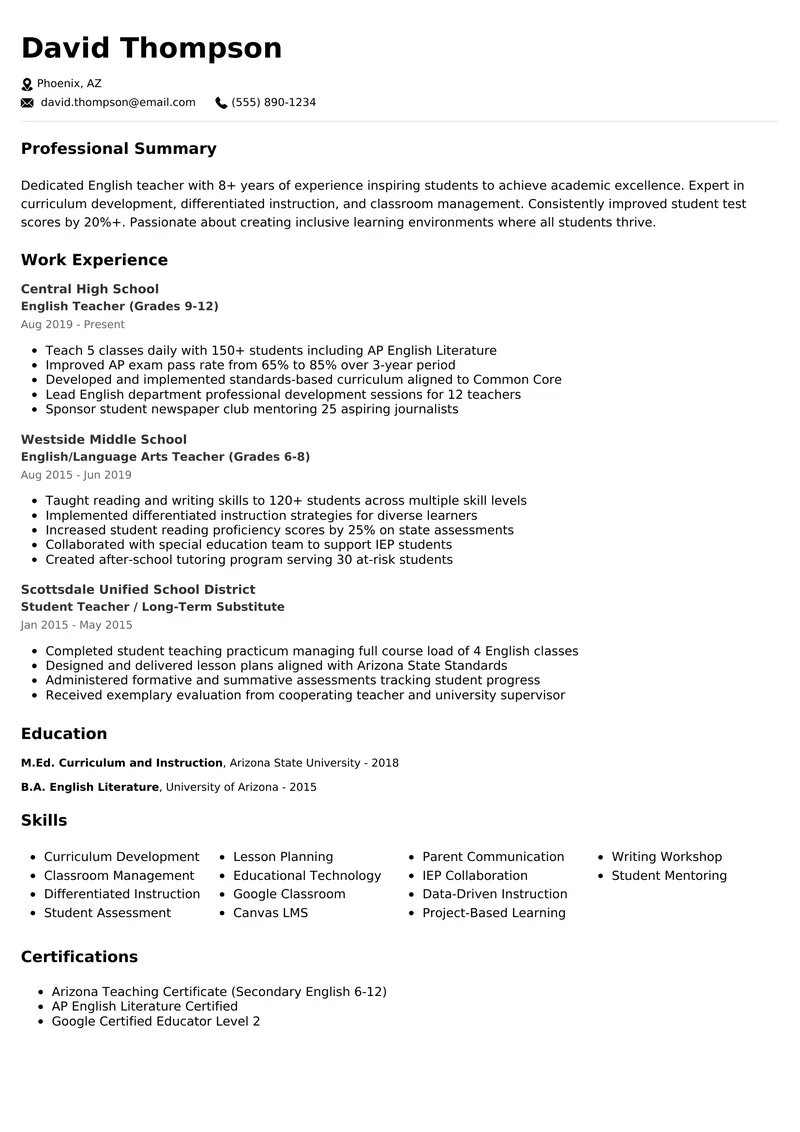 Teacher resume example - professional ATS-friendly template