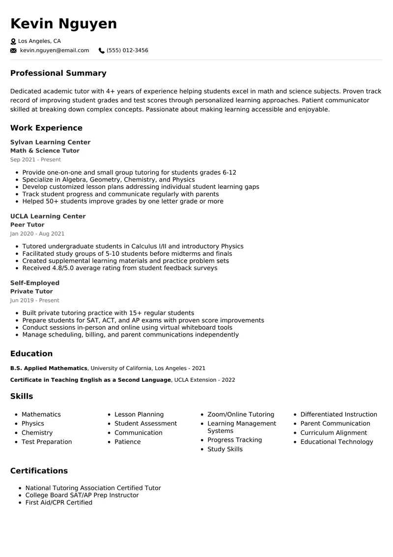 Tutor resume example - professional ATS-friendly template