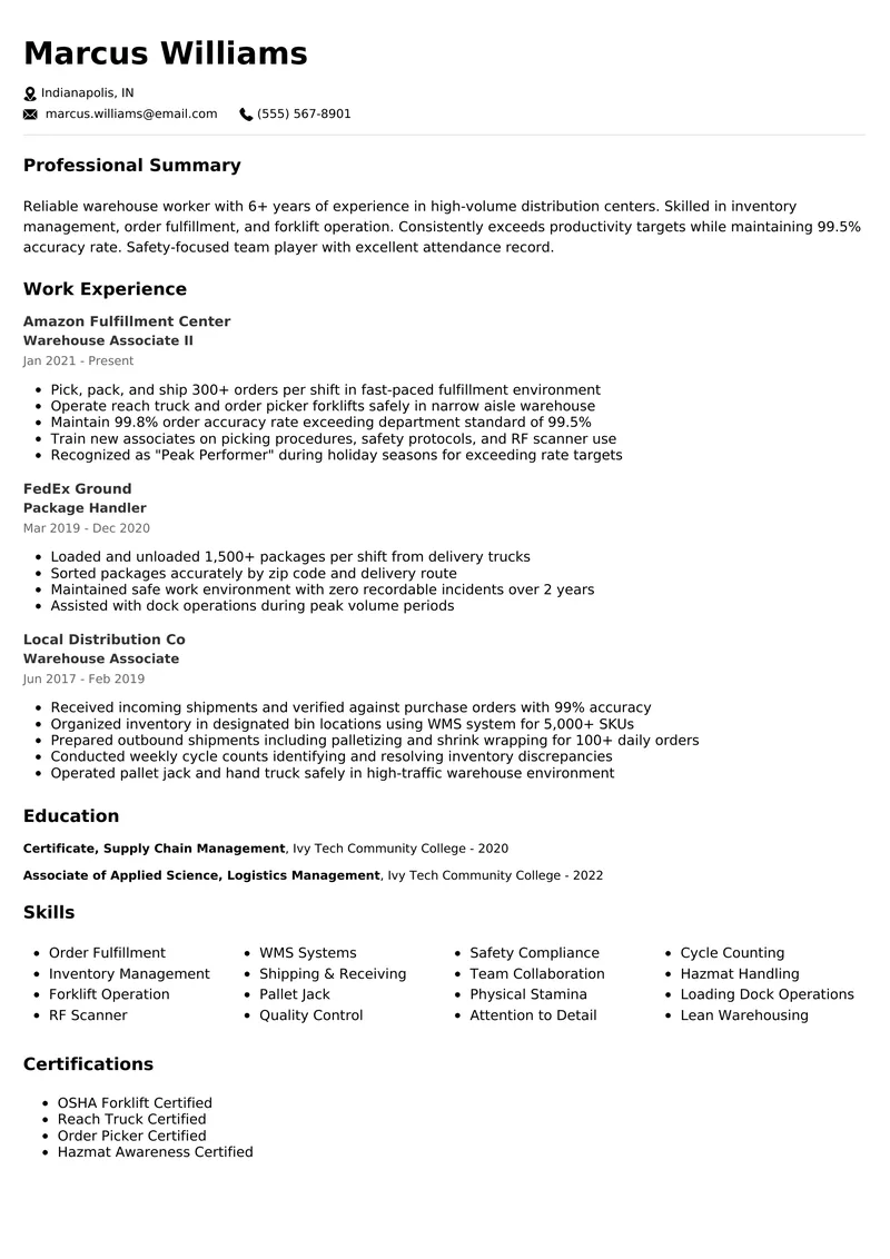 Warehouse Worker resume example - professional ATS-friendly template